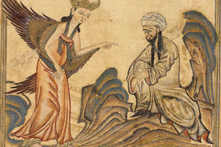 Изображение Мухаммеда, получающего первое откровение от ангела Джибриля (Из манускрипта «Джами ат-таварих» Рашида ад-Дина, 1307, период Ильханидов)