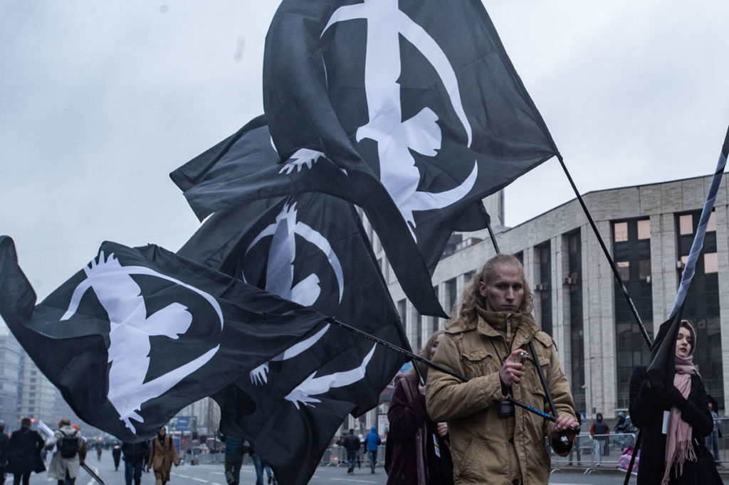 Флаги «Либертарианской партии России» на митинге. Фото: Юрий Белят / «МБХ медиа»