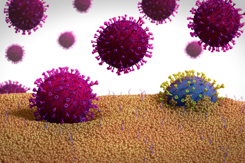 Иллюстрация мутированной формы коронавируса (синий), выходящей из клетки. Он мутировал из красной формы вируса