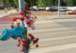Цветы в память о погибших детях на месте ДТП на пешеходном переходе в столичном районе Солнцево